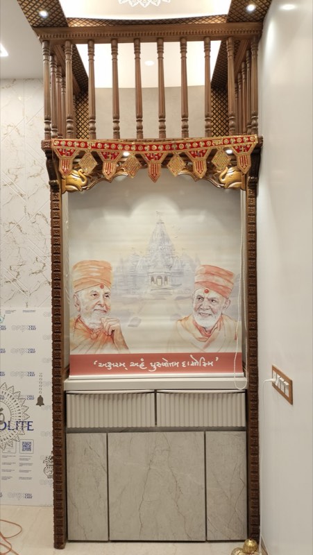 Printed blind inside a carved wooden mandir